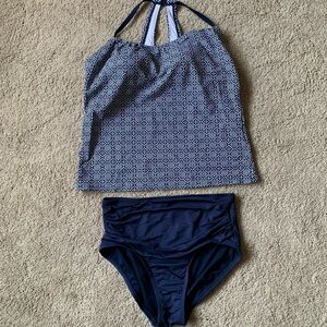 Kona Sol Navy Blue Printed Tankini with Solid High-Waist Bottoms